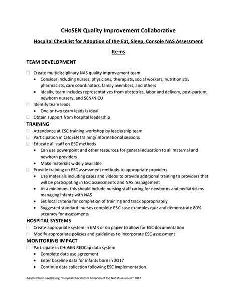 Hospital Checklist for Adoption of the Eat, Sleep, Console NAS Assessment Items