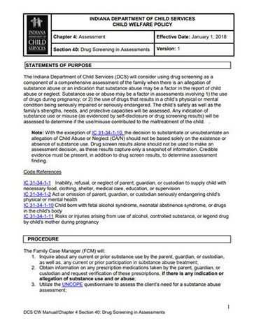 Indiana Child Welfare Policy: Drug Screening in Assessments